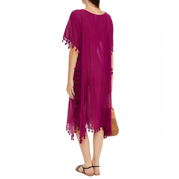 Seafolly Tasseled Boysenberry Pink Cotton Kaftan Beach Vacation Coverup - Picture 2 of 6